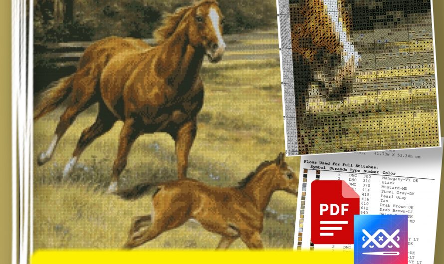 «Лошади на прогулке» — схема вышивки крестом