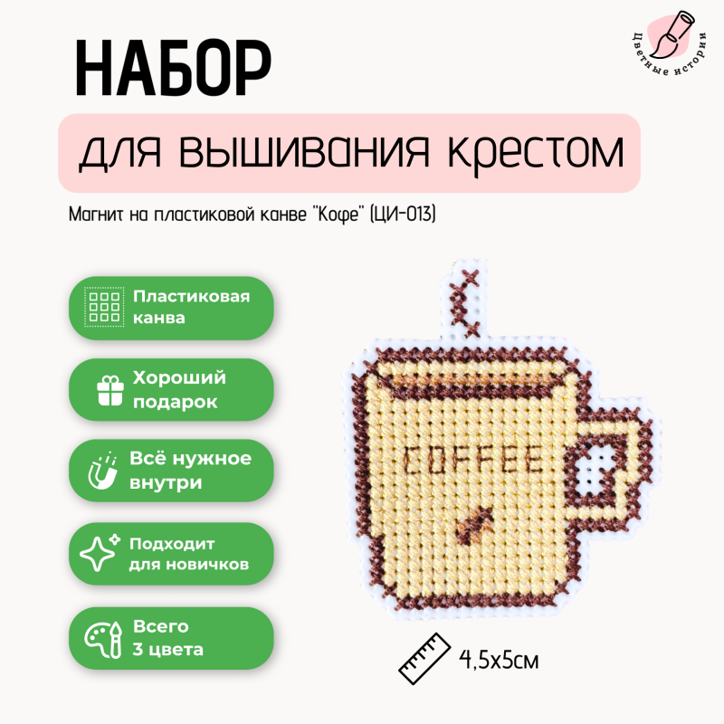 Набор для вышивки крестом для начинающих "Кофе" маленький магнит на пластиковой канве. 